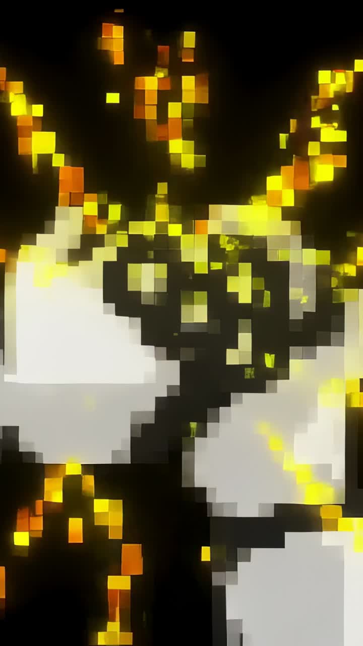 Vertical video: Emerging from right pixel hand cupping white spheres at black void, golden sparks