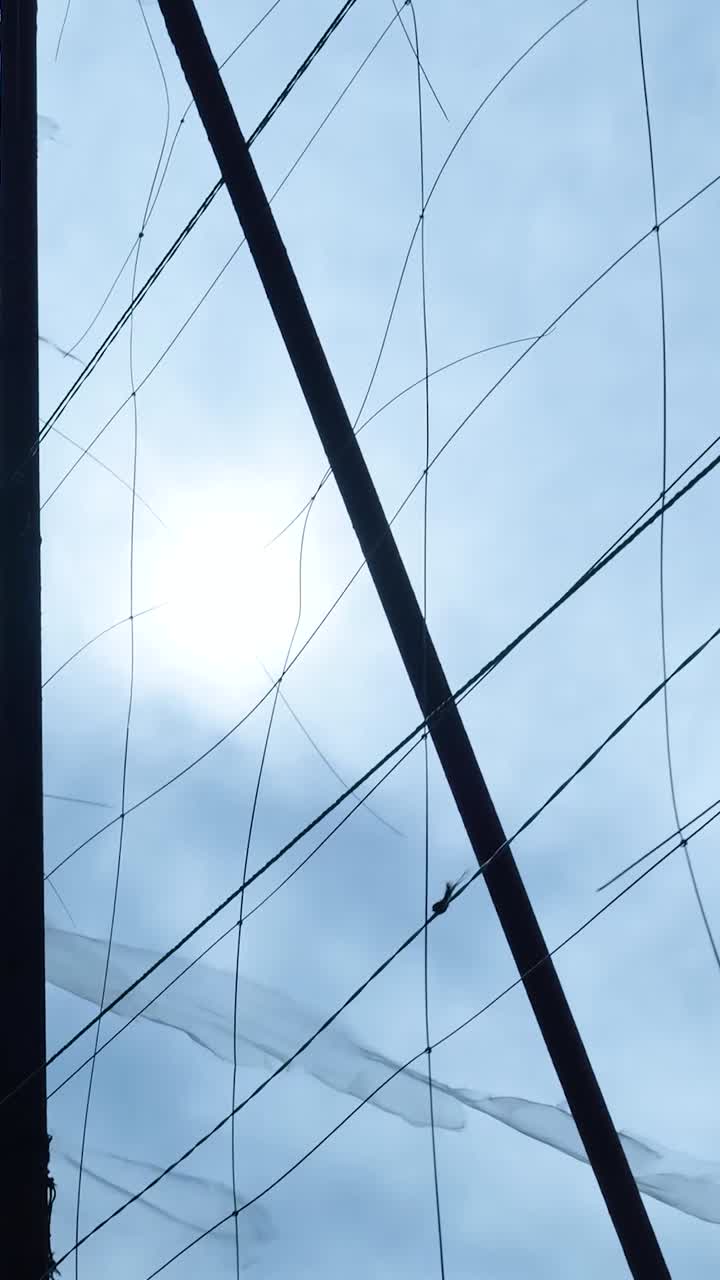 La luz del sol brilla a través de una red y tela ondeante contra un cielo nublado