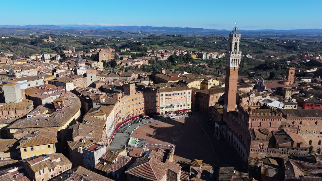Historic Piazza del Campo in Siena, Italy, aerial view of medieval architecture