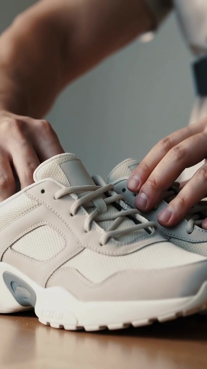 Video verticale: Uomo in maniche corte che apre una scatola di scarpe, mostrando scarpe da ginnastica chiare sul tavolo e sistemando i lacci.