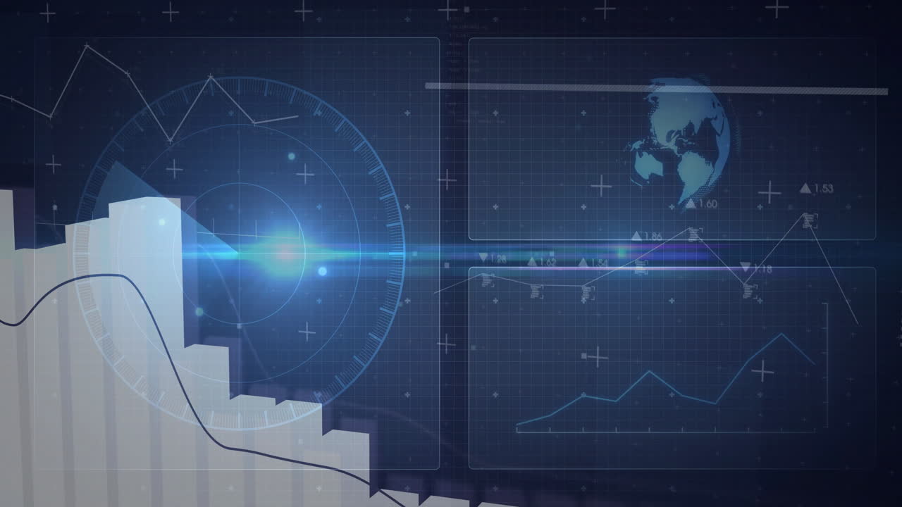 Digital graphs and world map animation over financial data charts