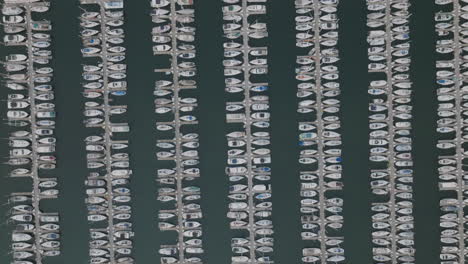static aerial top down footage of a large harbor and docks full of speedboats and leisure craft