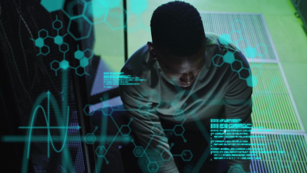 Tech touching console and activating holograms, overlays growing into code hexagons testing servers