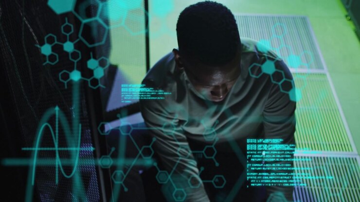 Tech touching console and activating holograms, overlays growing into code hexagons testing servers