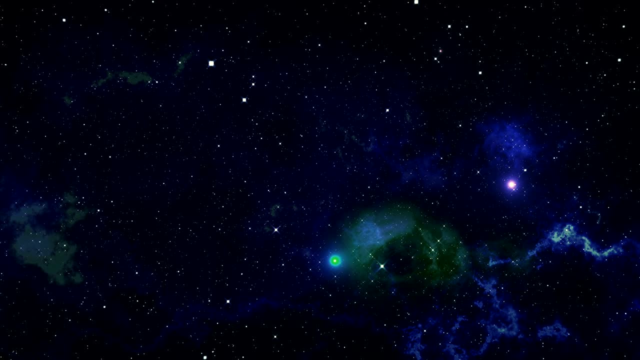 우주 배경: 카메라가 파란색과 보라색의 성운을 날고 있으며, 별들이 곳곳에 있습니다.