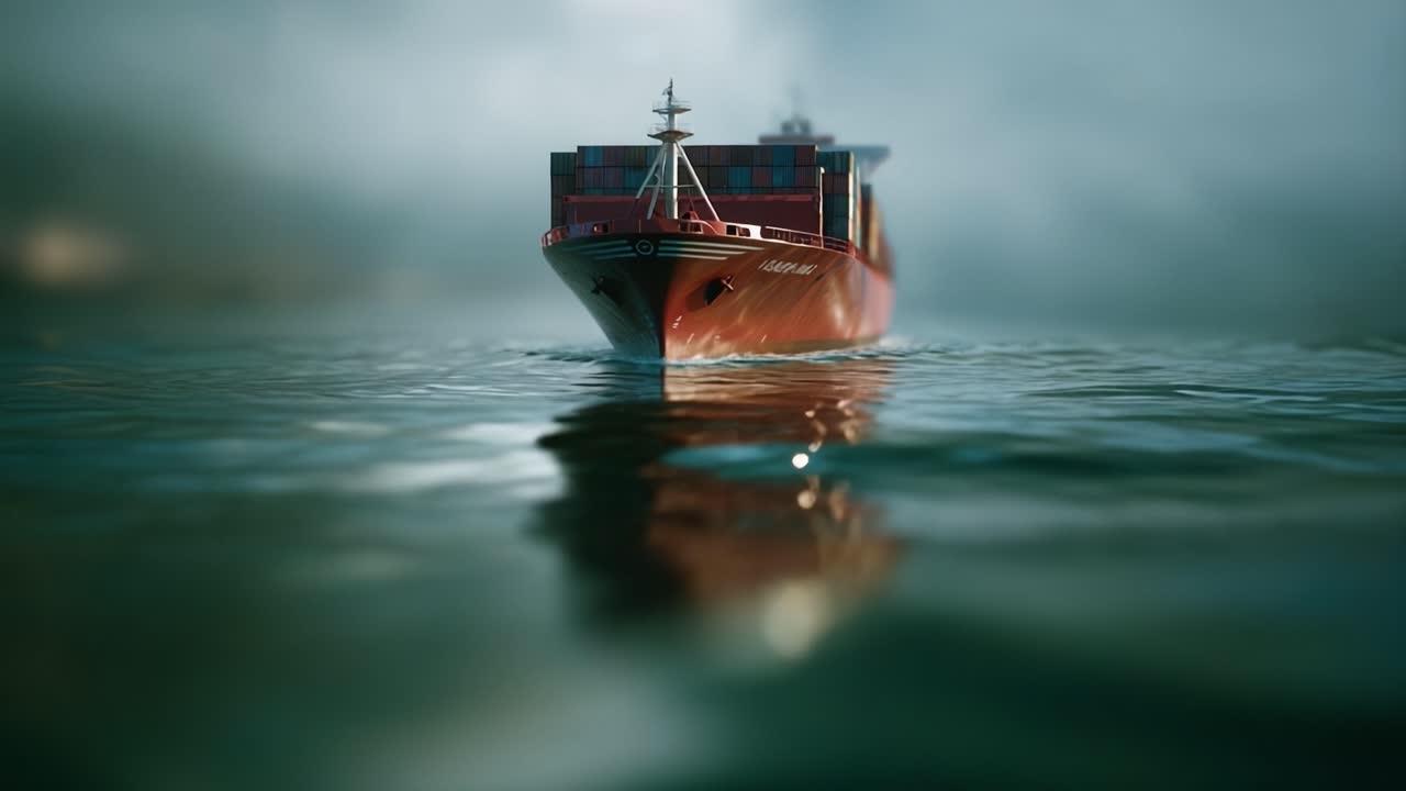 Ein majestätisches Containerschiff navigiert durch ruhige Gewässer unter einer nebligen Atmosphäre und zeigt seine Struktur und Spiegelung in der glatten Oberfläche.