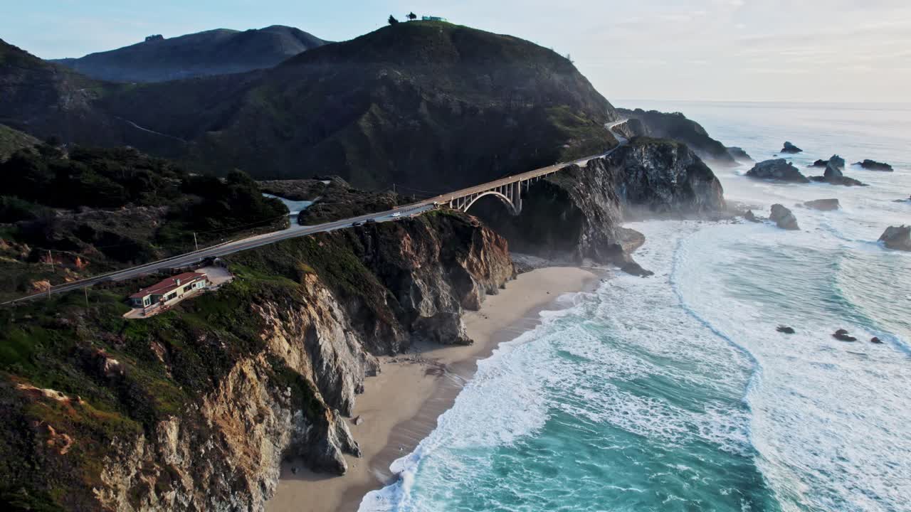 Bixby Bridge Rocky Creek Bridge in Big Sur California via Drone at Sunset