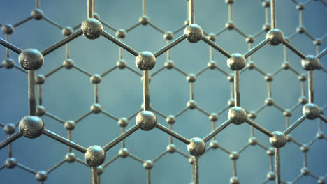 animación de bucle sin problemas de la estructura del grafeno. dos filas de átomos de carbono de plata reflectantes en forma de panal de miel. tecnología nanoestructura molécula de fibra o partícula. ciencia hexagonal.