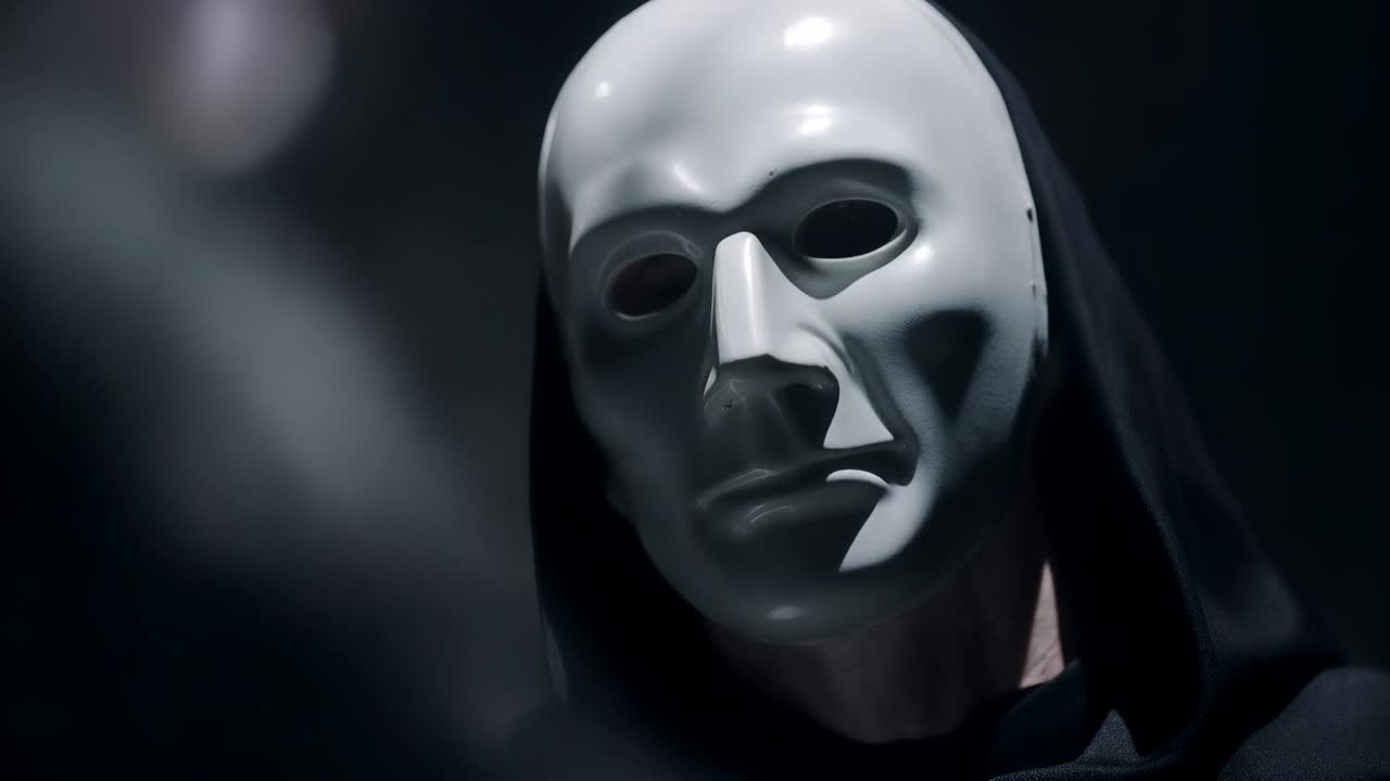 Reazione alla sfocatura a sinistra, persona incappucciata di nero che fa delle lente rotazioni in una stanza buia, con maschera bianca