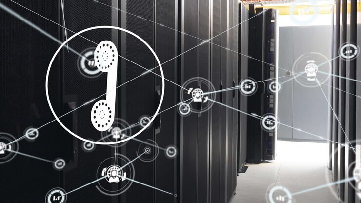 Animation of digital icons, computer servers and data processing