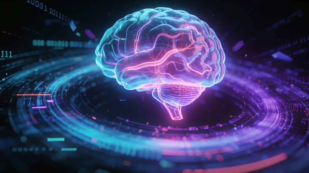 Holo brain pulsing and turning over rings in data space, sequence starting and visualizing data
