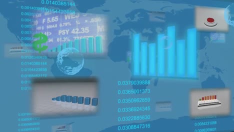 Animation-of-bubbles-over-data-processing-and-world-map-on-blue-background