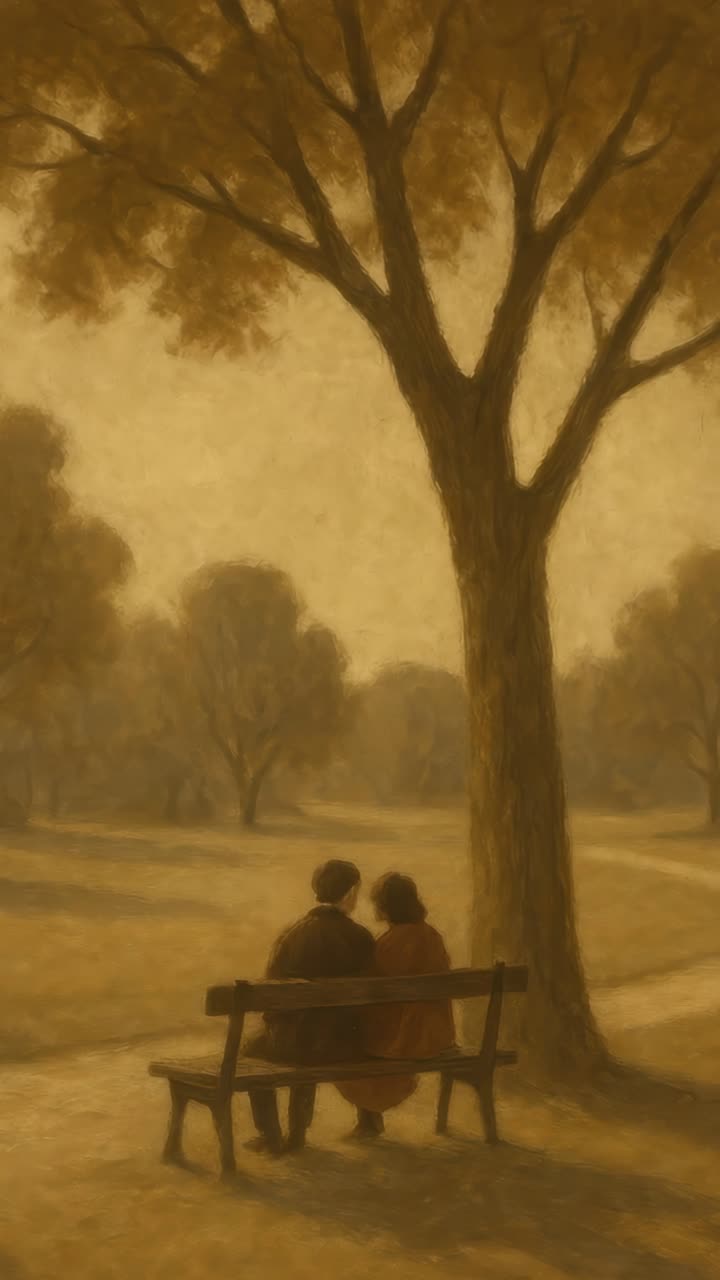 Sepia-toned video still of a couple on a park bench, viewed from behind