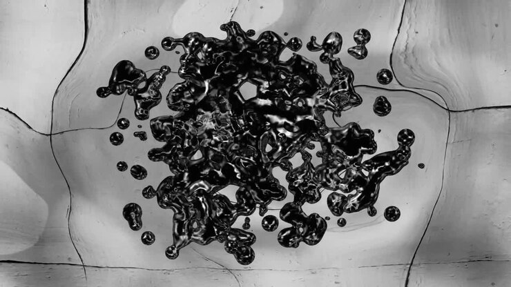 Globuli liquidi neri lucidi in movimento su sfondo grigio ondulato
