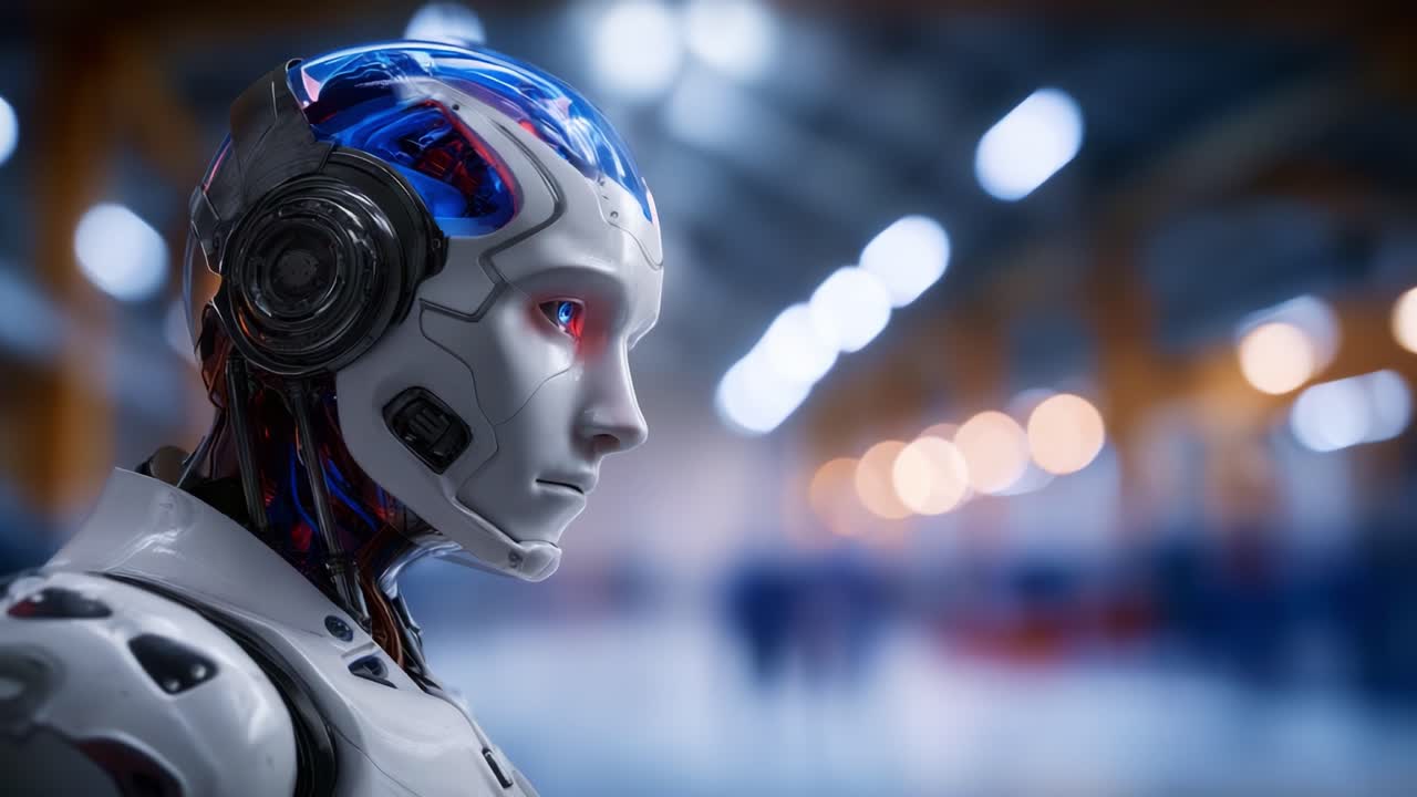 Un robot futuristico con un design elegante e caratteristiche complesse, mostrato in un ambiente industriale con elementi di sfondo bokeh tenui che ne evidenziano i dettagli