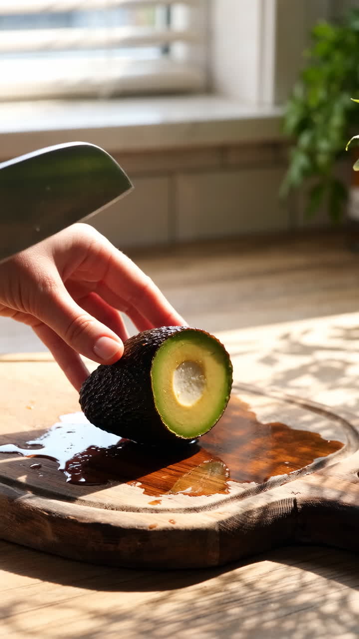 Persona che taglia un avocado su un tagliere di legno.