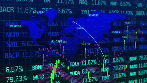 animation of graphs with changing numbers over map against trading board on abstract background