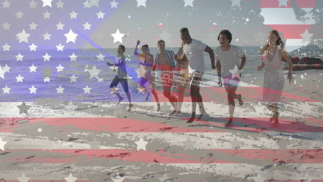 animation of american flag and texture over happy diverse friends running together on sunny beach