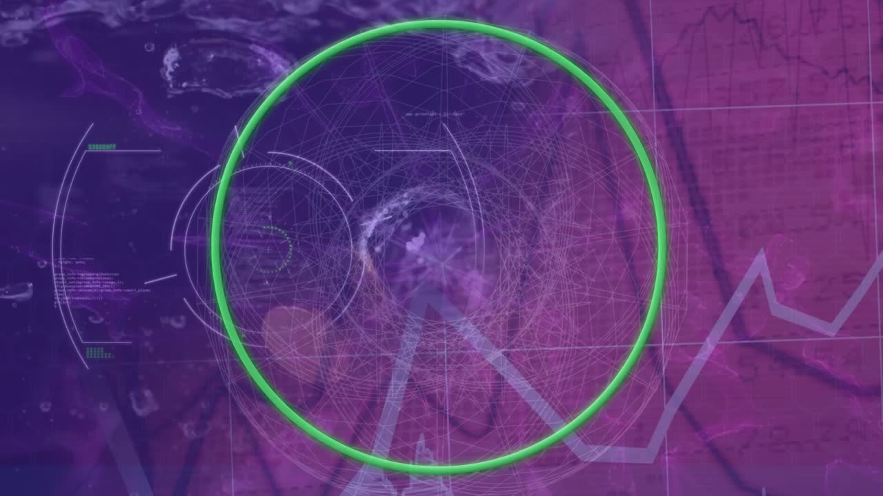 Animazione di un banner verde neon e scansione su elaborazione dati su sfondo viola