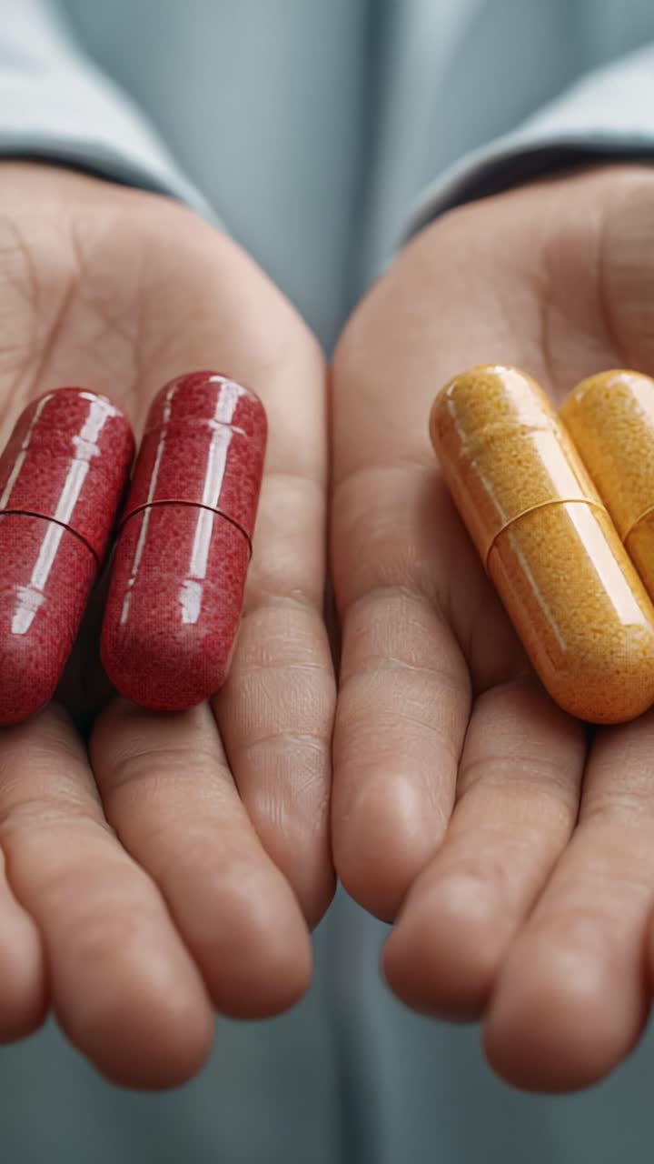 A Close-Up View of Hands Holding Colorful Capsules: A Vibrant Display of Red and Yellow Pills Symbolizing Health and Wellness