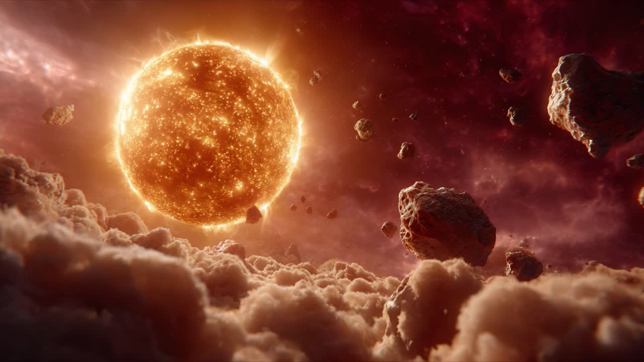 An Epic Cosmic Landscape Featuring a Radiant Star Surrounded by Asteroids and Wispy Clouds in a Vibrant Cosmic Setting