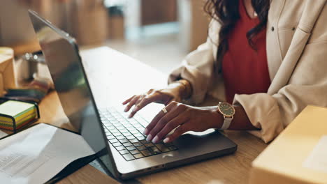 remote work, woman hands and laptop typing