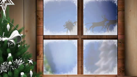 Animation-of-santa-claus-in-sleigh-with-reindeer-seen-through-window-and-christmas-tree