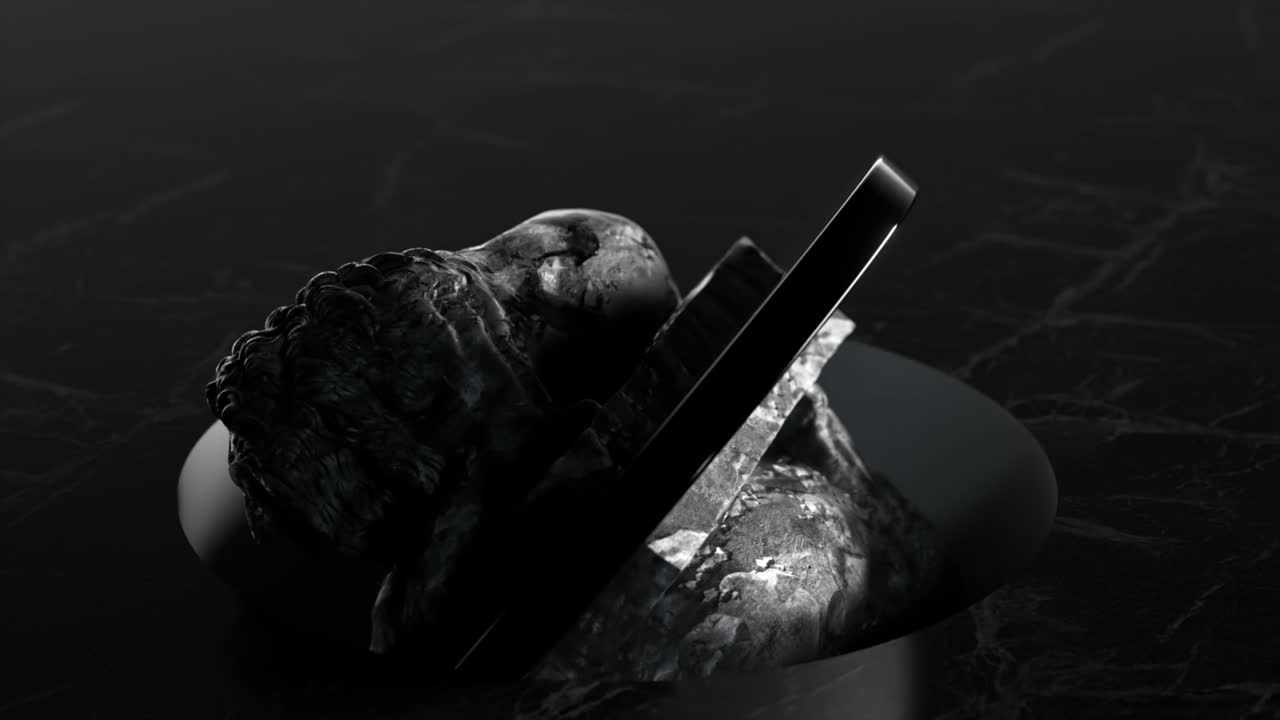 사자의 조각은 플랫폼에서 뒤집어집니다. 검은색과 색. 3d 애니메이션의 시엄리스 루프.