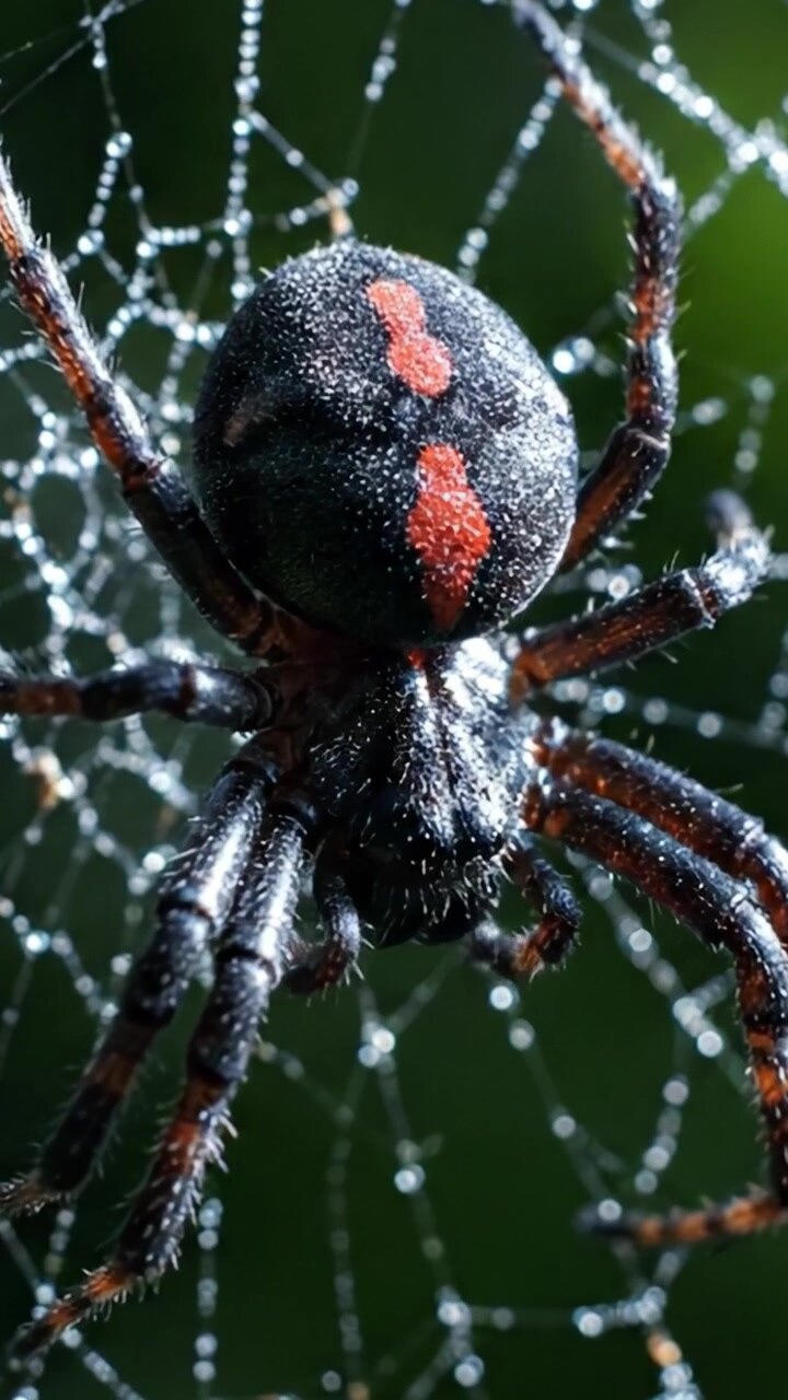 Close-up View of a Unique Spider Species Showcasing Its Distinctive Red Markings and Intricate Web Structure in a Natural Setting