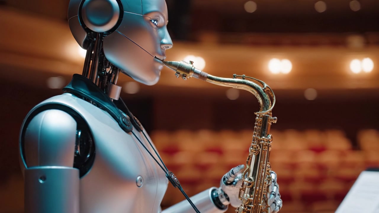 Musicista robotico che suona il sassofono sul palco, affascinando il pubblico con una performance unica che combina tecnologia e arte in una location mozzafiato