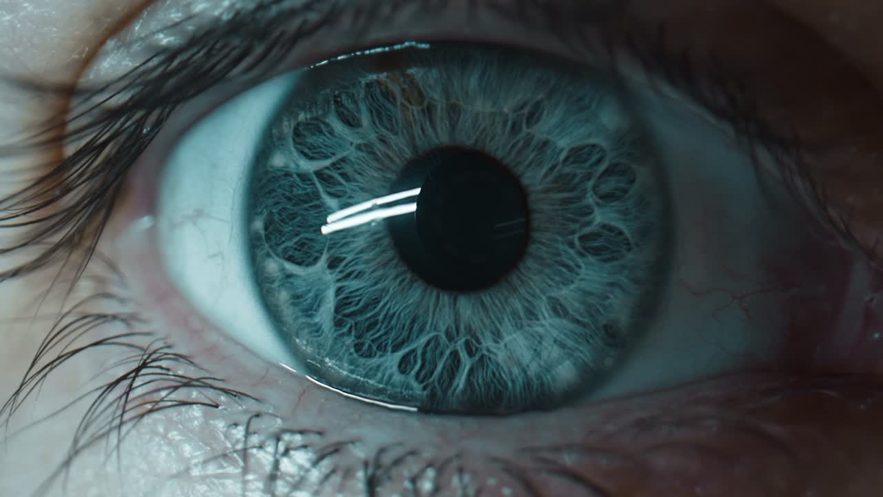 el primer plano extremo en el ojo azul muestra detalles y el patrón del iris, cambiando la pupila