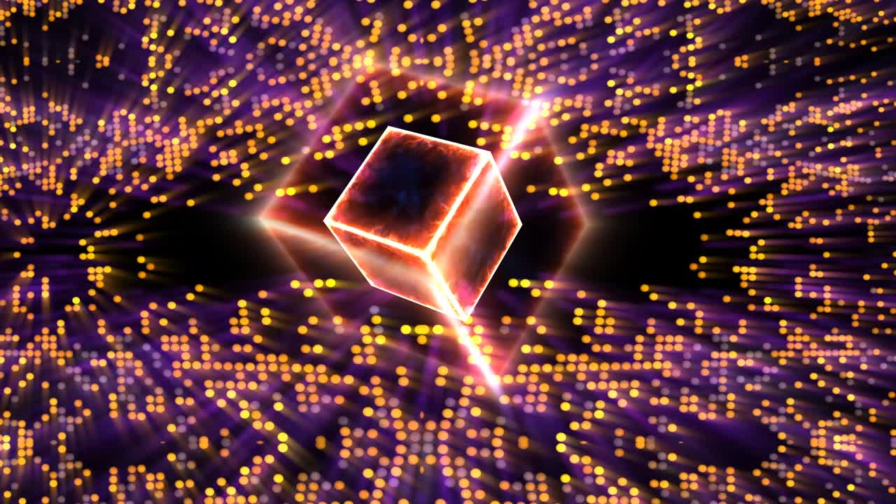 cubo y reflexión abstractas luces de punto digital rápido parpadeo oro amarillo tono violeta color en la pantalla negra