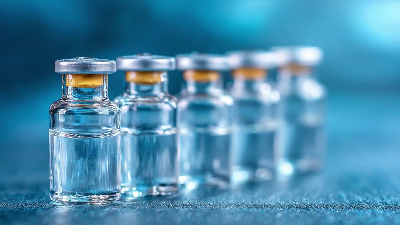 Un primer plano de viales de vidrio transparentes que contienen líquido en fila, resaltando la precisión y claridad del envase farmacéutico en un tono azul artístico