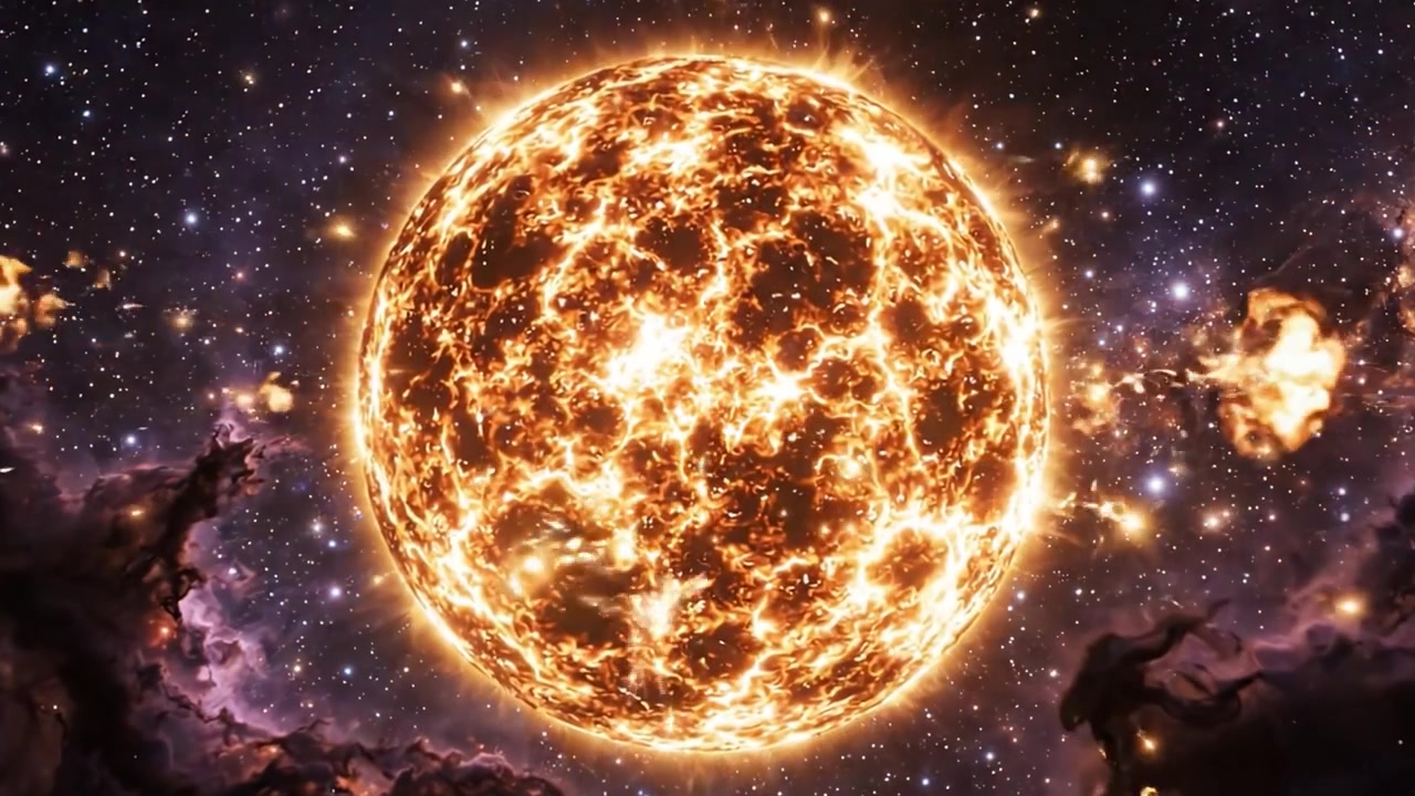 En fantastisk himmelsk transformation: Fra et fjernt stjernefelt til en levende, flammende stjerne, der oplyser de kosmiske omgivelser i strålende detaljer.