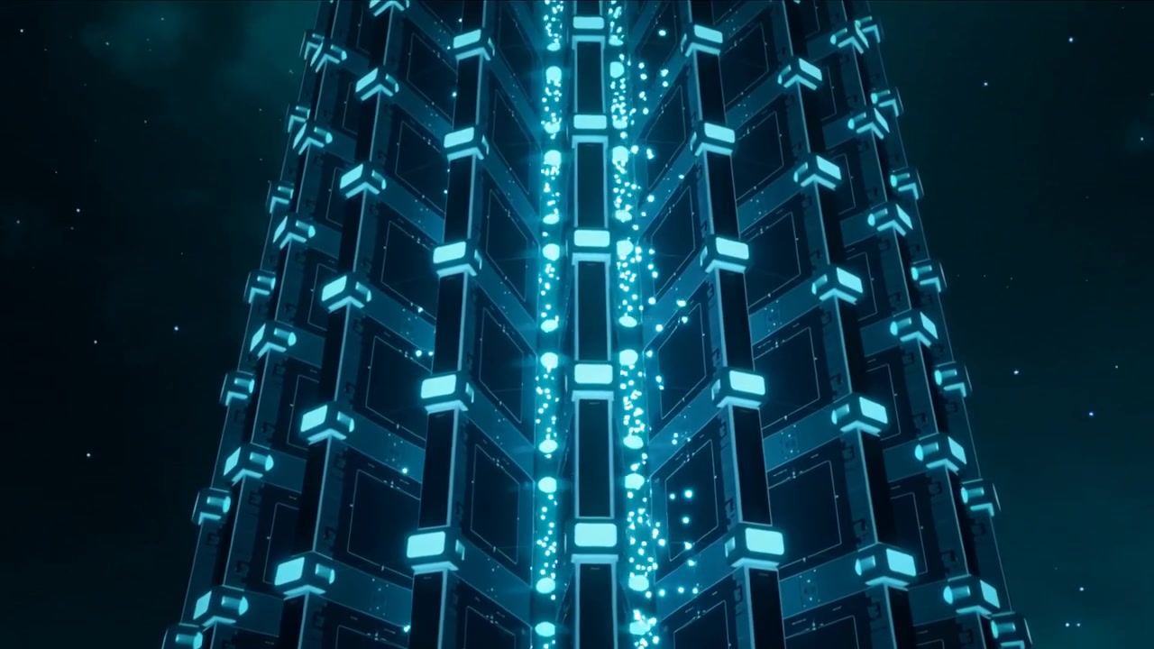 Sparking trail, modular tower emitting cyan stream up central channel with cyan edges in space