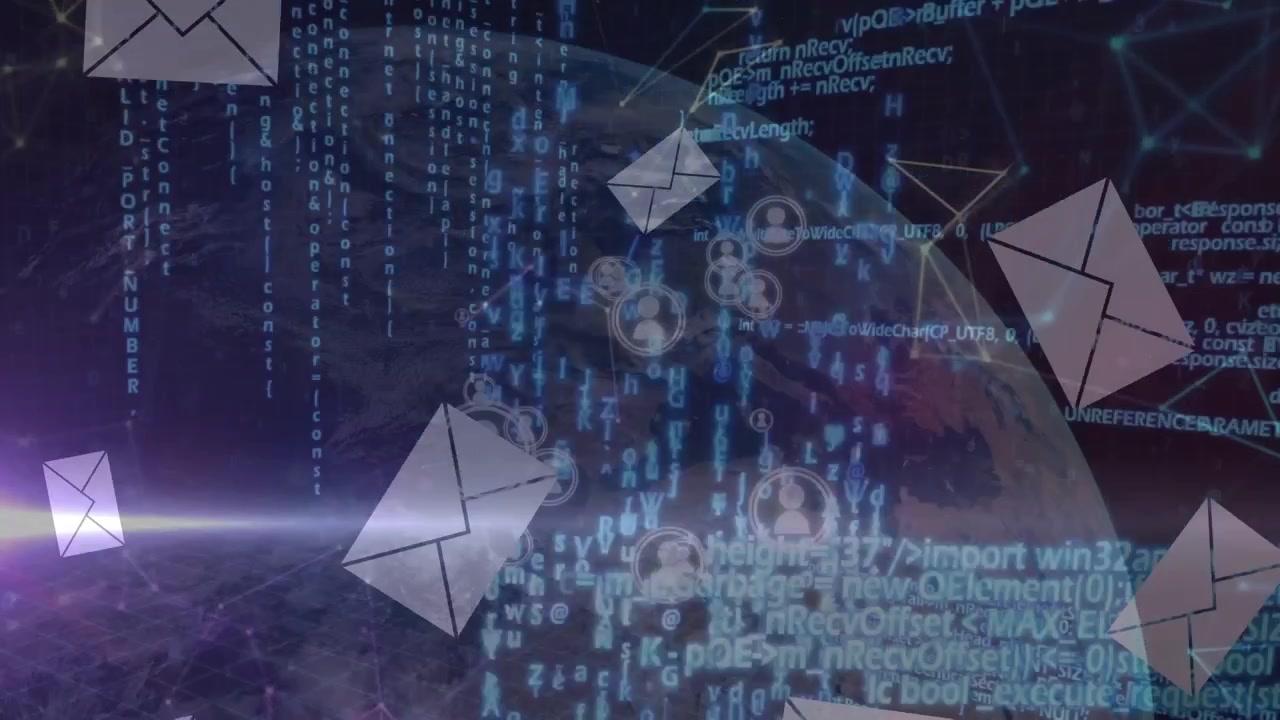 Animation of data, emails, icons and globe on black background
