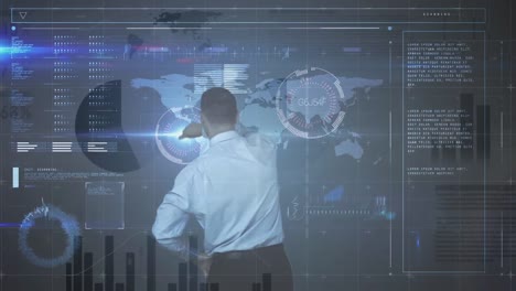 Animation-of-businessman-using-touchscreen-interface-with-world-map-and-processing-data