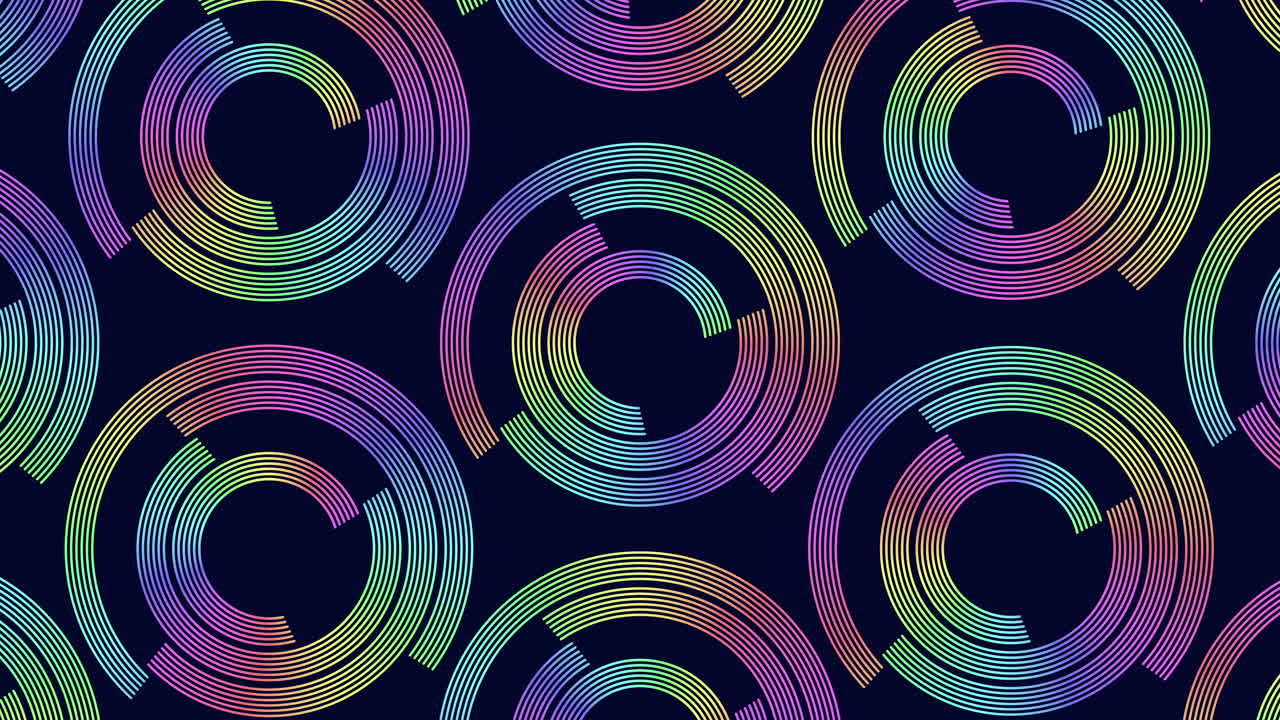 A seamless pattern with rainbow-colored spirals on a black background. Spirals are circular, displaying a rainbow order of red, orange, yellow, green, blue, indigo, and violet colors
