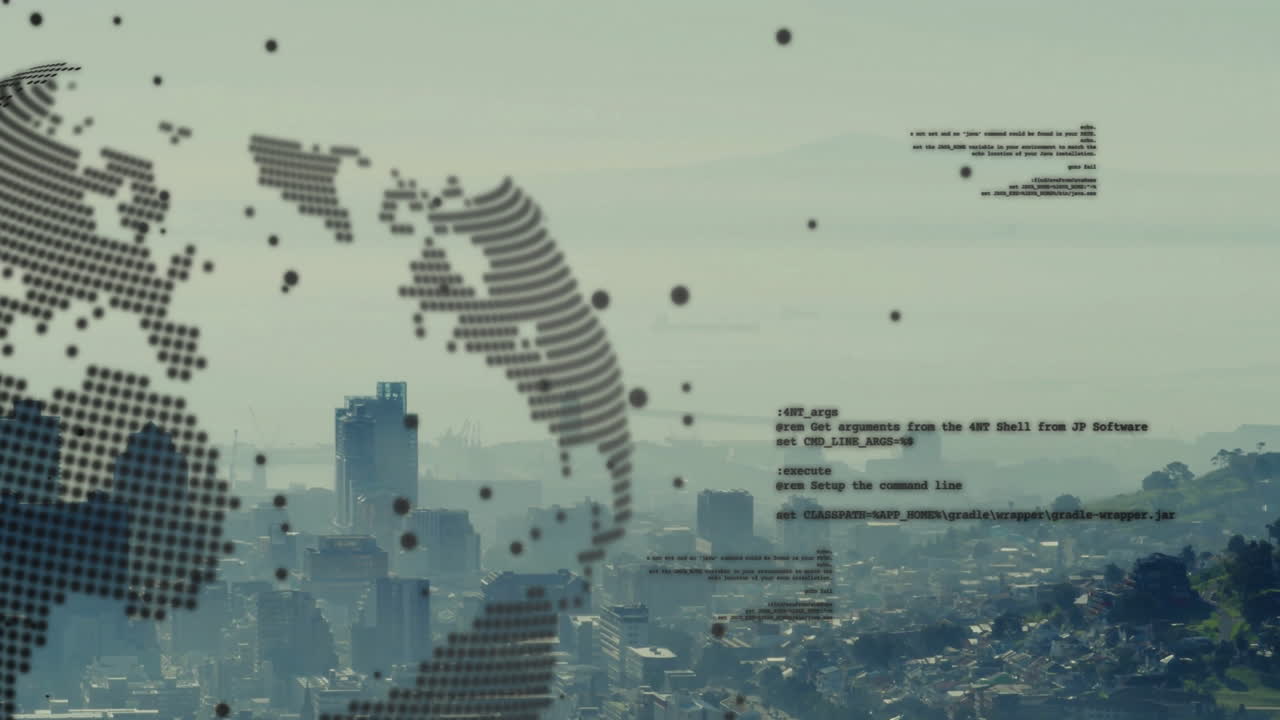 Cityscape background with digital world map overlay and coding animation moving
