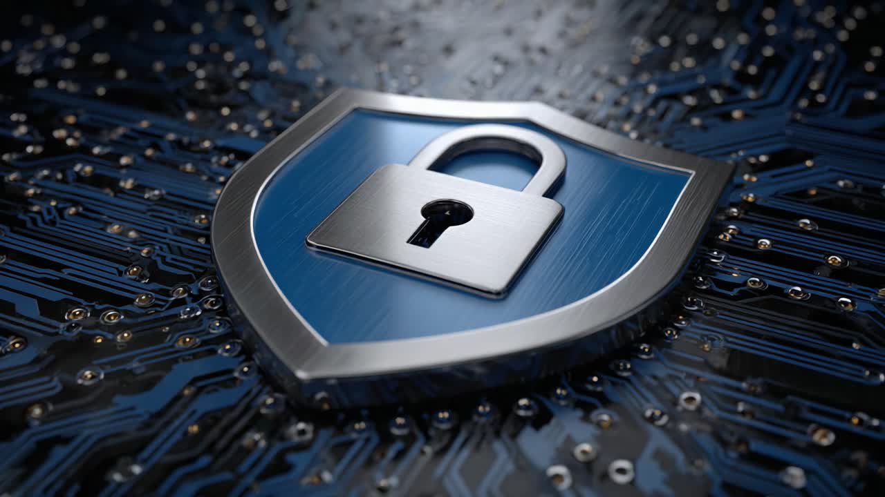 Digital Security Shield Symbolizing Cyber Protection with Padlock on Circuit Board Background, Emphasizing the Importance of Data Privacy in Technology Era