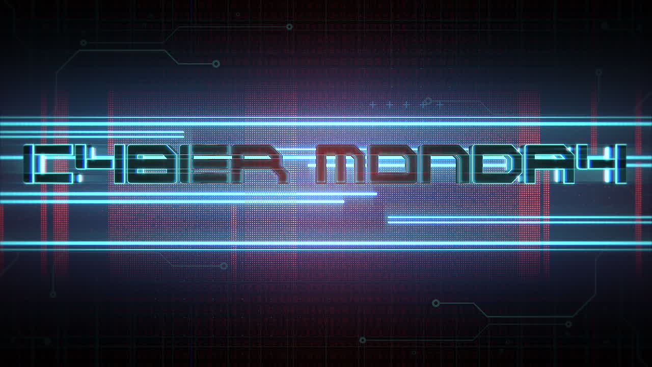 Cyber Monday on computer screen with lines and neon light 1