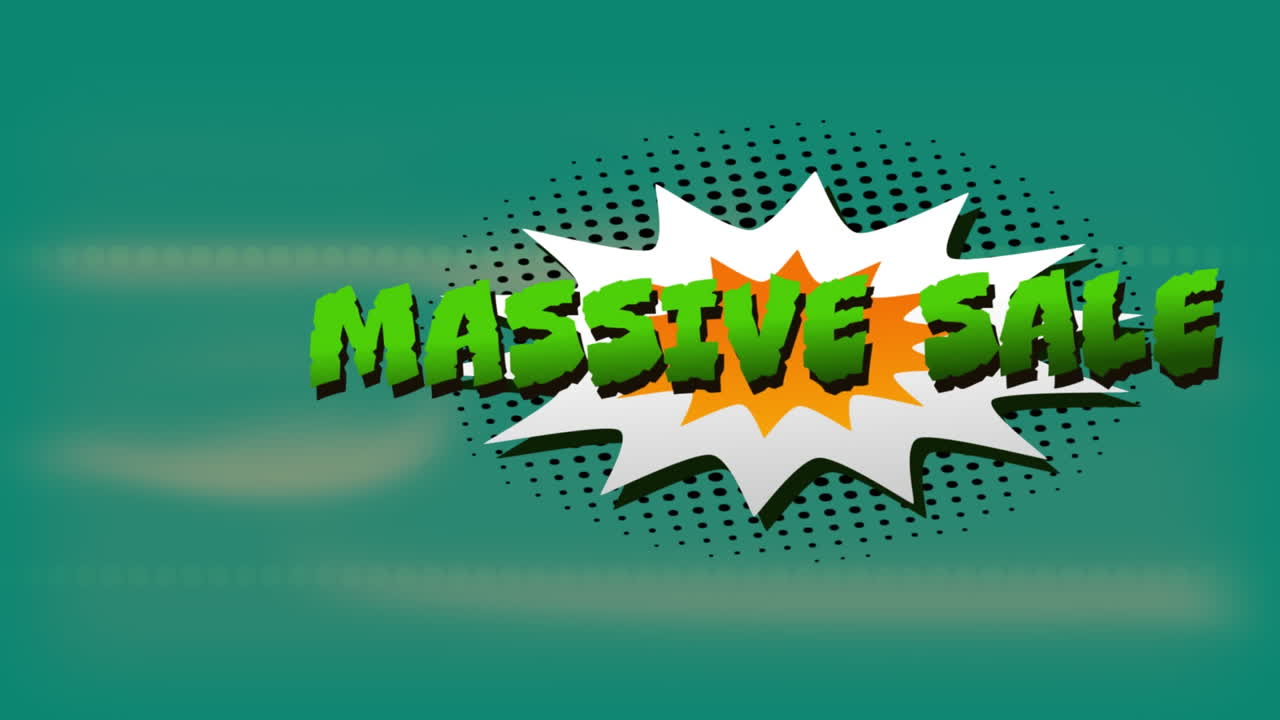 texto de venta masiva sobre burbuja de discurso retro contra rastros de luz en fondo verde