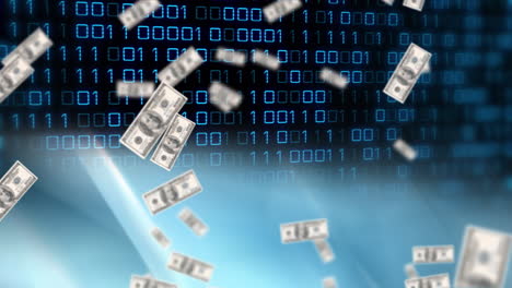 animation of binary coding and financial data processing with american dollar bills