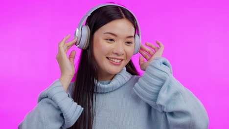 music, dance and headphones with an asian woman