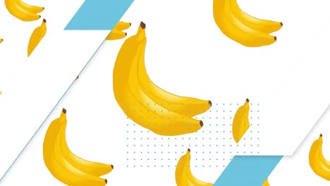 Animation-of-banana-repeated-over-blue-shapes-on-white-background