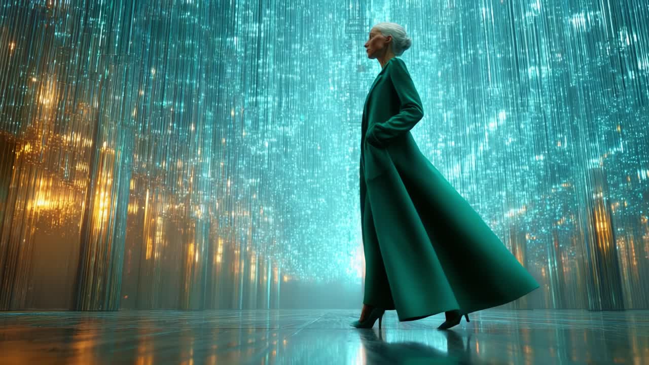 Elegant Figure in a Futuristic Setting: A Graceful Presence Navigating Through a Dazzling Display of Lights and Colors, Evoking a Sense of Wonder and Style in Every Step