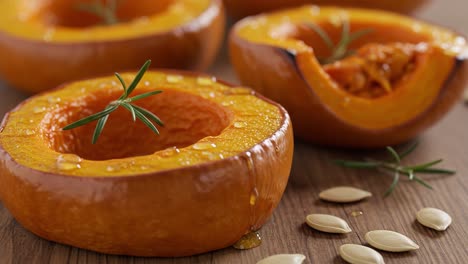 roasted pumpkin halves with rosemary and pumpkin seeds