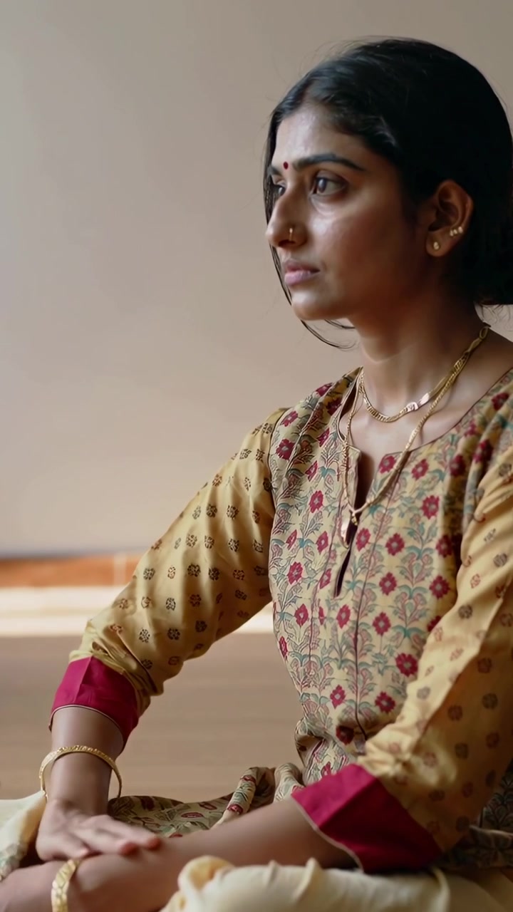 Video verticale: Donna in kurta che si gira uscendo dall'inquadratura mentre si liscia il grembo, mostrando gioielli a casa.