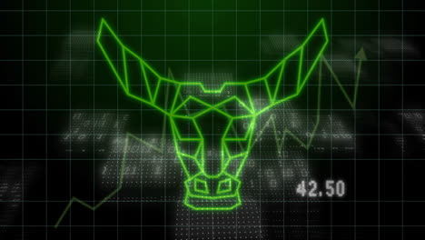 animación del procesamiento de datos financieros sobre el ícono de toro en fondo negro