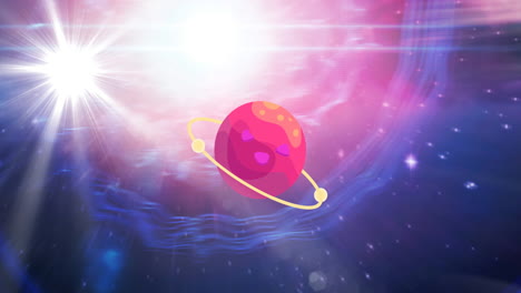 animación de saturno sobre manchas blancas brillantes y estrellas en rastros de luz rosada y púrpura en el universo